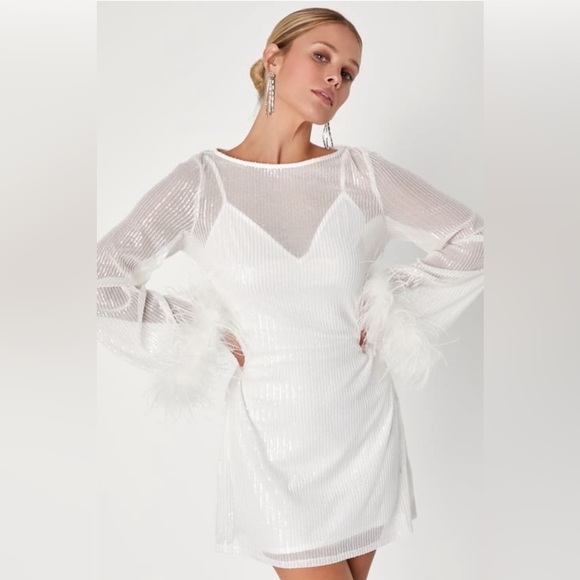 Lulu’s Marvelous Energy White Sequin Mesh Long Sleeve Mini Dress - Picture 2 of 13